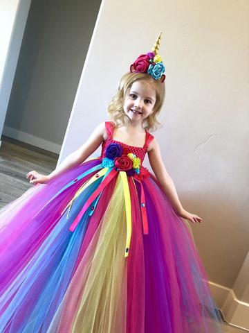 Arco Iris unicornio tutú flor vestido Tulle Crochet vestido con cintas vestido con lazo de los niños traje de Fiesta Vestidos ► Foto 1/6