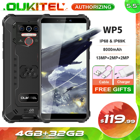 OUKITEL WP5 5,5 ''8000mAh IP68 Smartphone resistente al agua 4GB 32GB Quad Core Triple cámaras Android 9,0 teléfono móvil 5V/2A ► Foto 1/6