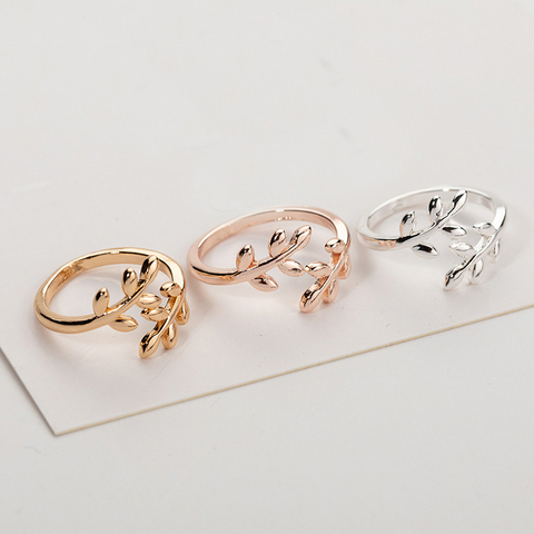 Anillo abierto de hojas de rama de árbol de olivo para mujer y niña, sortija de boda, nudillo ajustable, joyería para dedos, dos colores ► Foto 1/5
