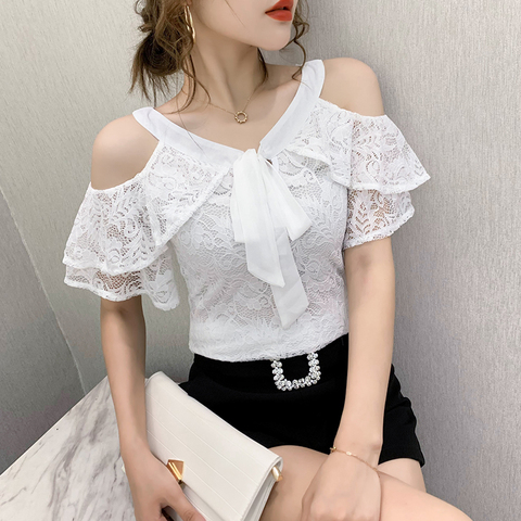 Verano coreano Ropa camiseta Sexy fuera Shouder Bowknot encaje camiseta de Mujer volantes Ropa de Mujer de manga todo encuentro camisetas T06214 ► Foto 1/6