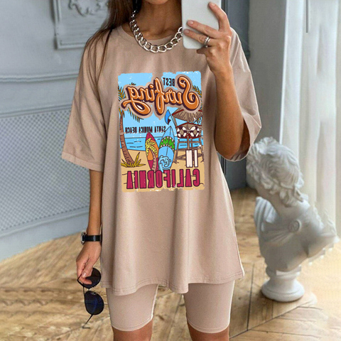 Camisetas blancas de verano para mujer, camiseta informal de gran tamaño, camiseta de estilo Retro de Santa Monica y California, playera de vacaciones para playa, 1 Uds. ► Foto 1/6