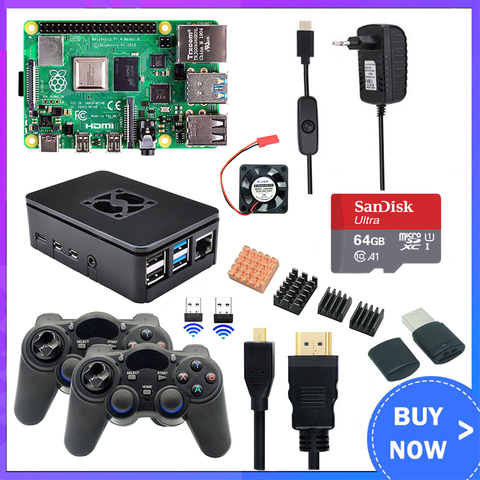 Raspberry Pi 4-Kit de juego modelo B, 8GB + 2,4 Ghz, Gamepads inalámbricos, 64G, 32G, tarjeta SD, funda, interruptor de fuente de alimentación, ventilador y Cable HDMI ► Foto 1/6