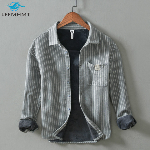 Camisas clásicas cálidas rayadas con forro polar para hombre, camisas Retro informales de manga larga con solapa estilo japonés cepillado para invierno ► Foto 1/5