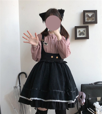 Falda de cintura alta de pana Vintage para mujer, estilo Harajuku, Lolita, Kawaii, Stitch, lazo de encaje, Cosplay, moda gótica, faldas de tirantes femeninos ► Foto 1/6