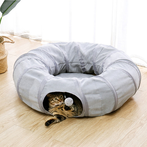 Cama para gato plegable, juguete para gato gris, túnel cruzado, nido largo, respetuoso con el medio ambiente, educativo, cama para gato redonda de ante transpirable ► Foto 1/6