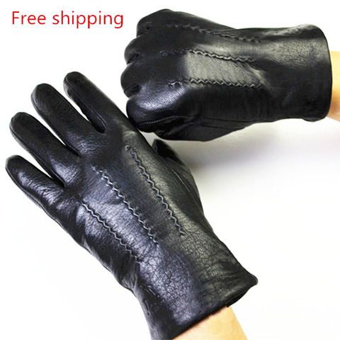 Guantes de cuero genuino de invierno para hombre, forro de lana con patrón de marca de agua Deerskin, forro de terciopelo de imitación de conejo, envío gratis ► Foto 1/6