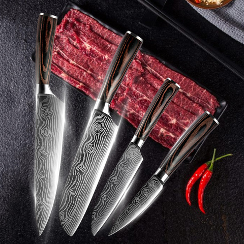 Juego de Cuchillos de Cocina de Chef Santoku, pelador japonés para carne, frutas, pescado, verduras, herramientas de cuchillas de acero inoxidable, 4 Uds. ► Foto 1/6