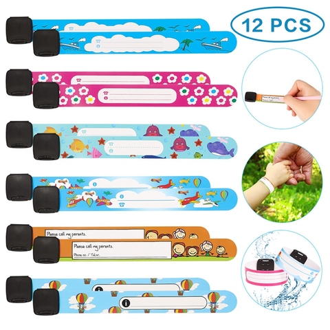 12 unids/set niños viajes al aire libre seguro Anti-perdido pulsera de seguridad reconocimiento pulsera para niños impermeable ajustable ► Foto 1/6