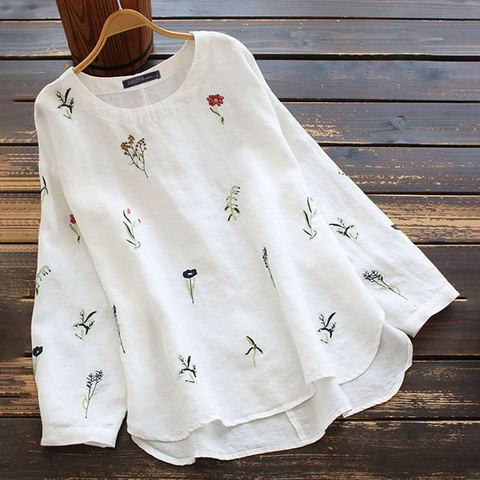 De talla grande elegante Tops bordados mujeres Floral blusa ZANZEA 2022 manga larga Casual Blusas de algodón femenino O cuello camisas túnica ► Foto 1/4