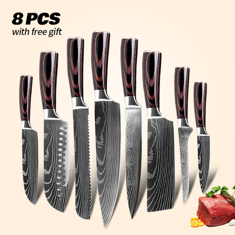 Cuchillo juego de cocina Damasco diseño realizado con láser 8 Uds 440C Acero inoxidable japonés Chef fruta rebanar cuchillo de deshuesado de pescado ► Foto 1/6