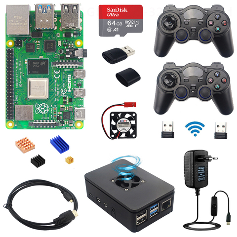 Raspberry Pi 4 Modelo B juego Kit 8GB + 2,4 Ghz Gamepads inalámbricos + 64G 32G tarjeta SD + caja + interruptor fuente de alimentación + ventilador + Cable HDMI ► Foto 1/6