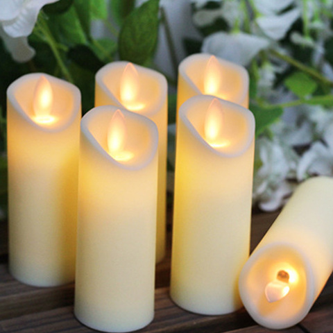 Velas LED sin llama, lámpara parpadeante de pilar de plástico, funciona con batería para decoración de hogar, Navidad y boda, 6 uds. ► Foto 1/6