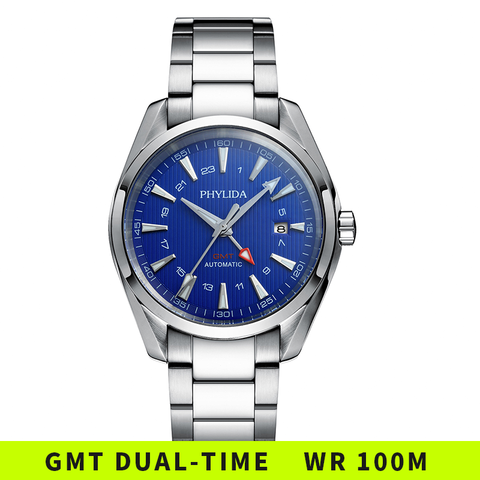 Reloj de pulsera automático GMT, resistente al agua, de lujo, a la moda, de cristal de zafiro sólido SS, esfera azul Aqua, 10bar ► Foto 1/6