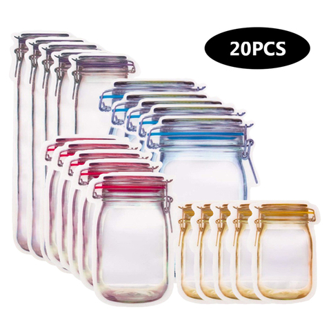 Mason Jar-bolsas de botellas reutilizables para 20 piezas, bolsas de galletas de caramelo de frutos secos, Bolsa de almacenamiento de alimentos frescos de sándwich de Bolsa con cierre de cremallera con sello impermeable ► Foto 1/6