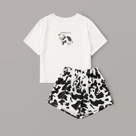 Pijama con estampado de vaca para mujer, ropa de dormir de manga corta con estampado de dibujos animados, para el hogar, verano, 2022 ► Foto 1/6