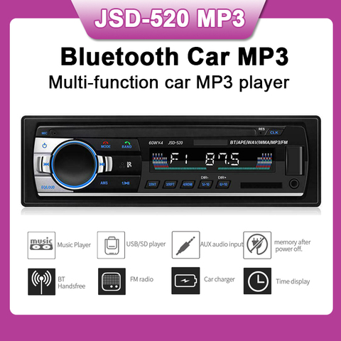 Reproductor de Audio MP3 para coche, Radio FM estéreo con Bluetooth, 12V, cargador de 5V, USB/SD/AUX, electrónica, Subwoofer en tablero, 1 DIN, 520 ► Foto 1/6