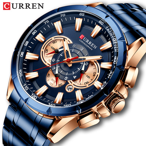 Curren-Reloj de marca de lujo para hombre, cronógrafo de cuarzo azul, deportivo, con fecha, de acero inoxidable ► Foto 1/6