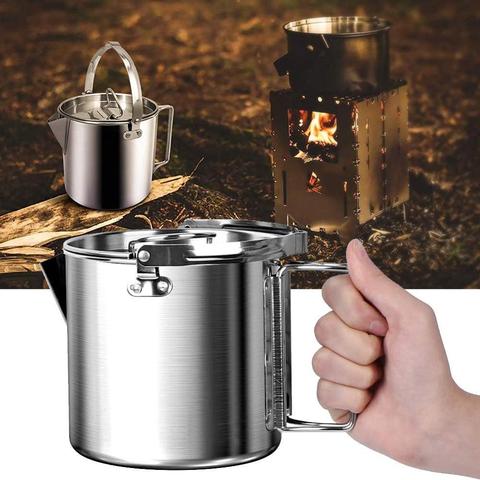 Al aire libre de acero inoxidable de hervidor de agua plegable colgante de Camping portátil olla de café Picnic cocina tetera 1.2L ► Foto 1/1