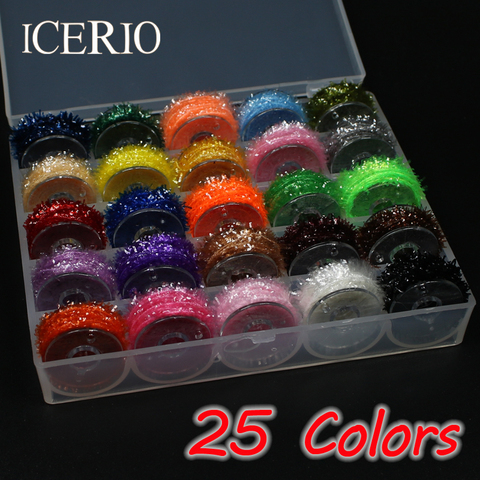 ICERIO 25 colores 5 m/carrete Fly ating Tinsel Chenille Material para Streamer Lures Crystal Flash Dubbing fibra/Flex Hackle Material ► Foto 1/4