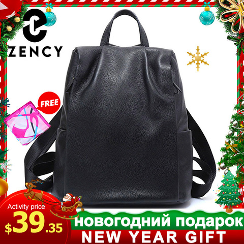 Zency nuevo negro las mujeres Mochila De Cuero 100% genuino de viaje práctico bolso mochila para niñas de moda mujer mochila portátil ► Foto 1/6