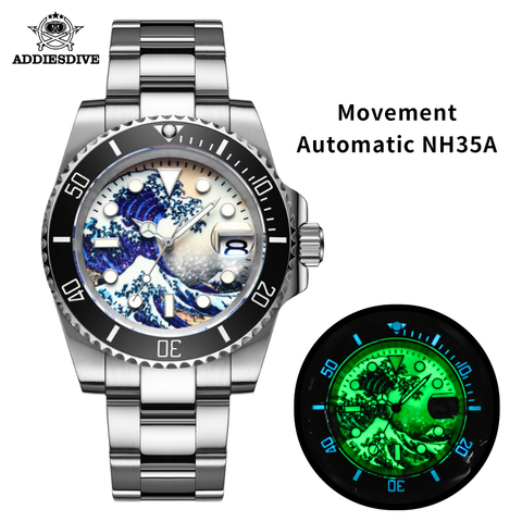 Addiesdive-relojes automáticos de surf para hombre, esfera luminosa, esfera de cerámica, bisel, 20bar, resistente al agua, de acero inoxidable, NH35, negro, C3 bgw9 ► Foto 1/6