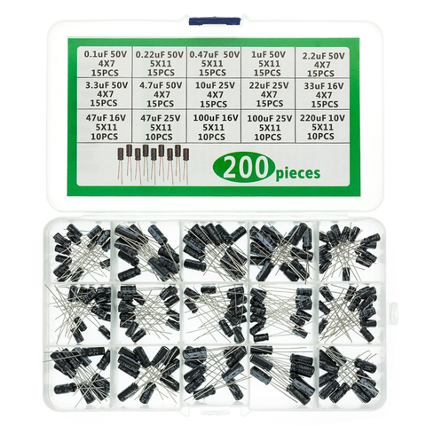 Kit de caja surtido de condensadores electroliticos, 15 valores, 200 Uds., 0,1-220uF, 10UF, 47UF, 100UF, 50V, 16V, 25V ► Foto 1/6