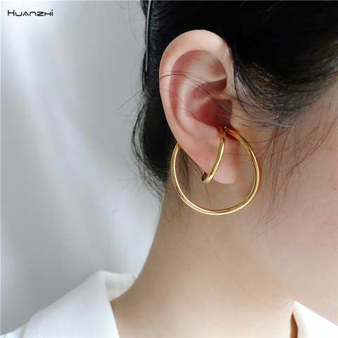 HUANZHI-pendientes de Clip curvo irregulares para mujer y niña, aretes simples de distorsión geométrica, sin perforaciones, 2022 ► Foto 1/6