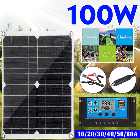 Kit completo de Panel Solar para coche, placa de células solares de 100W, 12V, USB, con controlador de 10/20/30A, para yate, autocaravana, barco, móvil, cargador de batería de teléfono ► Foto 1/6