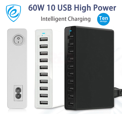 Cargador USB múltiple de 10 puertos, carga rápida, 60W, adaptador de corriente de carga múltiple para iPhone, Samsung, Xiaomi, cargador de teléfono móvil ► Foto 1/6