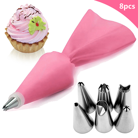 8 unidades/bolsa de silicona para glaseado bolsa de crema pastelera + 6 boquilla de acero inoxidable para tarta Consejos para manualidades de decoración de pasteles pastel de Fondant Tools ► Foto 1/6