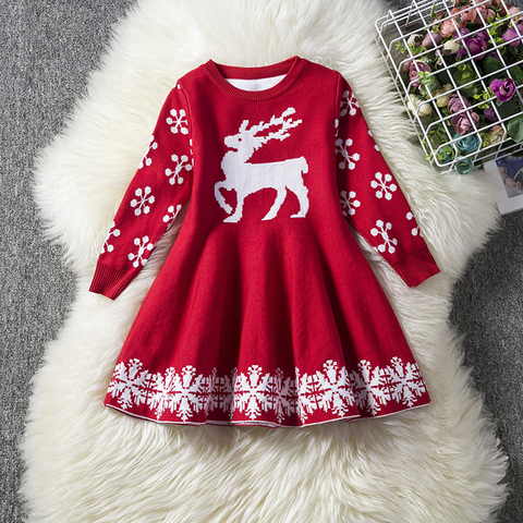 Vestido de Navidad para niñas, suéter tejido, vestido de invierno y otoño de manga larga con estampado de ciervo y alce ► Foto 1/6