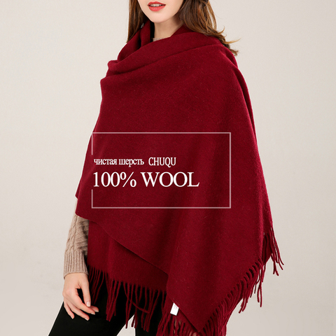 100% chal de lana auténtica para mujer, chales cálidos de invierno y envolturas, Pashmina, borla, cachemir, bufanda Echarpe de lana roja, Fular tipo capa para mujer ► Foto 1/6