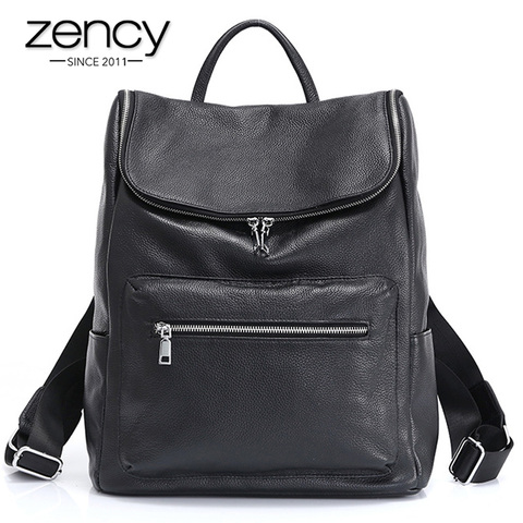 Zency mochila Unisex de Cuero 100% genuino de gran capacidad de viaje bolso al aire libre negro clásico gran mochila de alta calidad ► Foto 1/6