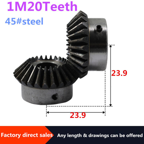 Engranaje cónico de acero, 2 uds., 1M, 20 dientes, 45 #, Agujero interior de acero, 5mm/6mm/7mm/8mm, engranaje, Ángulo de medición de 90 grados, tornillo para engranajes, Agujero M5 ► Foto 1/5