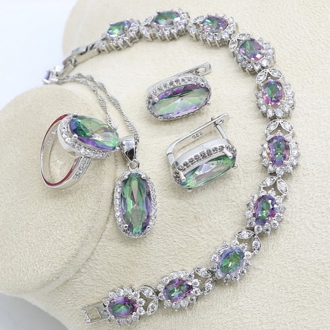 Joyería nupcial de cristal de arcoíris para mujer, conjunto de joyería de boda, traje, pulsera, collar, anillos, Color plateado ► Foto 1/6