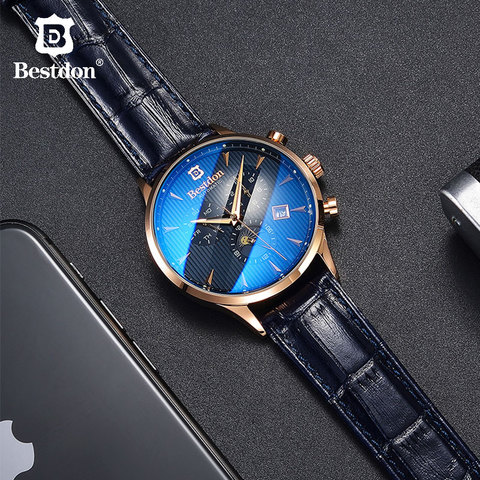 Bestdon hombres automático reloj mecánico reloj de fase de la luna día calendario fecha mes superior de la marca de lujo de reloj de pulsera de cuero negro hombre ► Foto 1/6