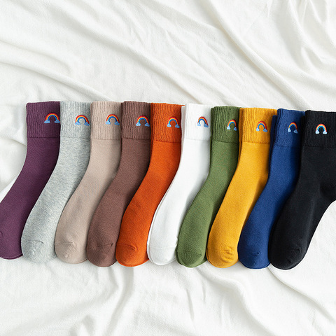 Lote de 5 pares de calcetines para mujer estilo japonés coreano bordado de arcoíris, medias cómodas de algodón ► Foto 1/6