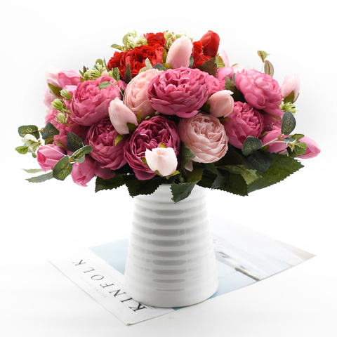 Ramo de flores artificiales de peonía de seda rosa, 30cm, 5 cabezas grandes y 4 brotes de flores baratas falsas para decoración de boda en casa ► Foto 1/6