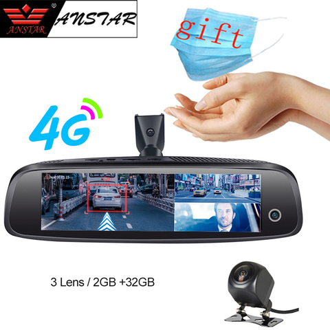 2022 ANSTAR 3CH cámaras de visión trasera espejo 2 GB + 32 GB Dash Cam 4G Android Auto cámara HD 1080 P GPS WIFI ADAS Secretario coche DVR ► Foto 1/6