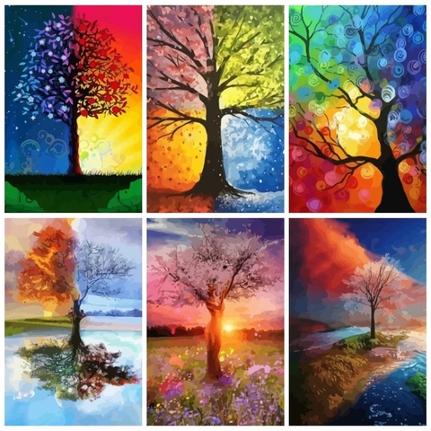 AZQSD Unframe pintura al óleo por números de árbol DIY artesanía colorear por números de paisaje pintura de acrílico casa regalo ► Foto 1/6