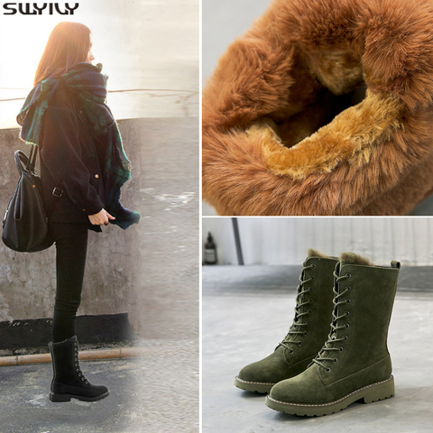 SWYIVY-Botas de nieve de piel de cerdo para mujer, zapatos de cuña para mujer, botas de cuero para mujer, botines de punta redonda para costura 2022 ► Foto 1/6