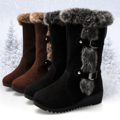 Botas de Invierno para mujer informales cálidas de piel, zapatos de media caña con punta redonda sin cordones, botas de nieve cuñas, talla grande 42 ► Foto 1/6