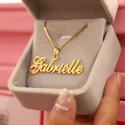 Caja de oro Cadena de joyería personalizada nombre colgante de collar hecho a mano letra cursiva placa gargantilla de los hombres y las mujeres Bijoux regalo de BFF ► Foto 1/6