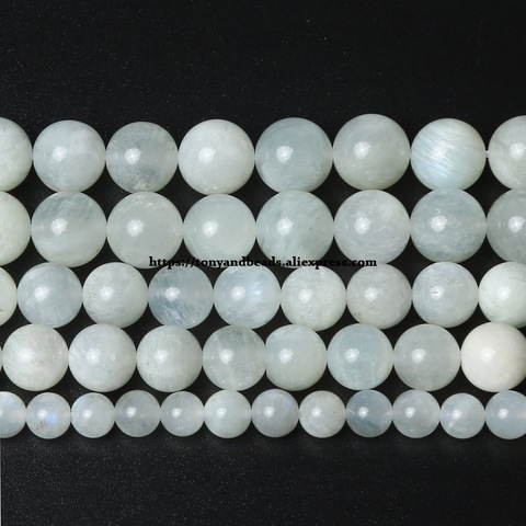 Cuentas redondas sueltas para fabricación de joyas, piedra lunar Natural, azul, blanco brillante, Natural, 15 