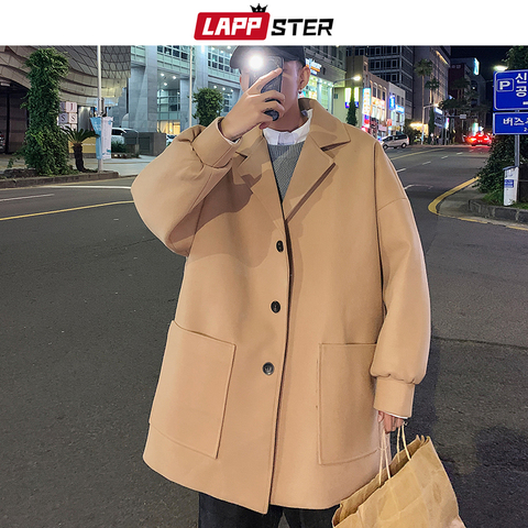 LAPPSTER-gabardina de lana para hombre, moda coreana, ropa informal japonesa, abrigo de invierno, chaquetas de color caqui Harajuku, 2022 ► Foto 1/6