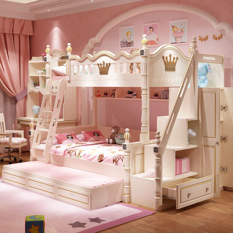 Litera de cama de dos capas para niños y niñas, cama de princesa, de madera sólida, altura ajustable ► Foto 1/4