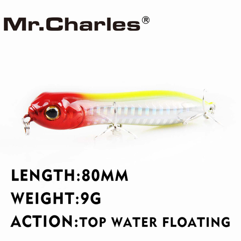 Mr.Charles CMC025A Señuelos de Pesca 80mm 9g agua superior flotante Popper señuelo de pesca ojos 3D calidad aparejos de pesca profesionales ► Foto 1/6