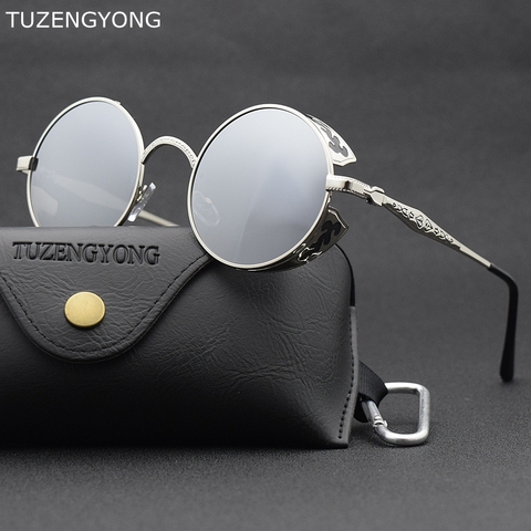 TUZENGYONG de polarizadas Steampunk gafas de sol hombres/mujeres ronda talla de Metal Vintage gafas de sol gótico UV400 gafas ► Foto 1/6