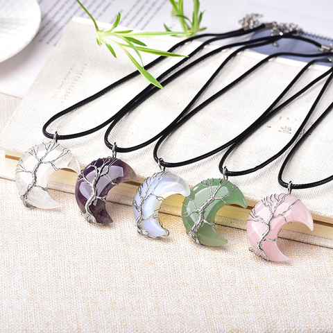 Colgante Árbol de la vida con forma de luna de cristal Natural, Reiki, joyería Mineral pulida, piedra curativa para hombres y mujeres, regalo de joyería, 1 ud. ► Foto 1/6