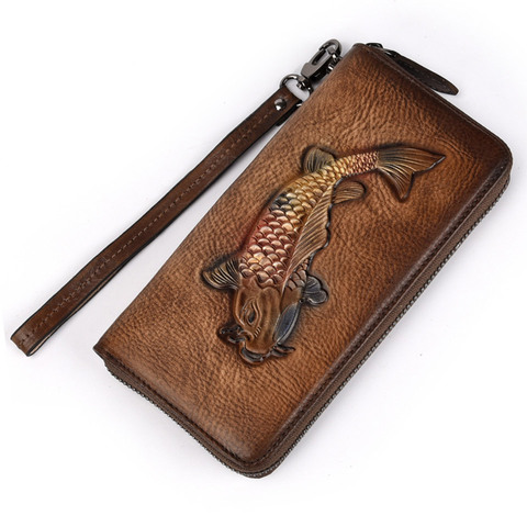 Cartera Vintage de cuero genuino para hombre, bolso de mano de cuero vacuno suave, con cremallera y estampado de peces dorados, para teléfono y monedas ► Foto 1/6